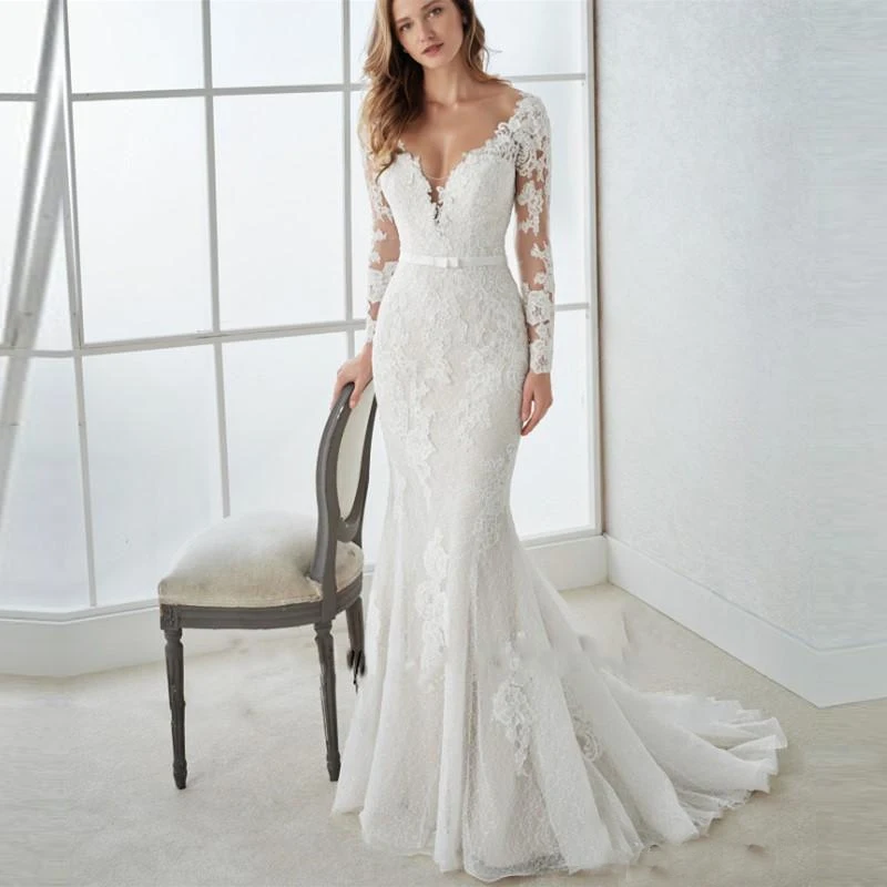 

moaoduo Luxury V-neck Mermaid Wedding Dress White ivory Long Sleeves Wedding Gown Lace Women's Illusion vestido de noiva 2019