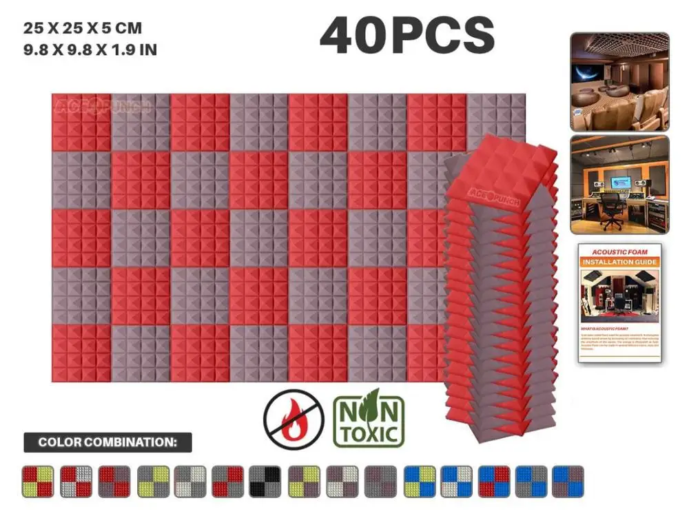 Arrowzoom 25*25*5 см(9,8*9,8*1,9 дюйма) Пирамида Студия Акустическая Пена плитка панель 40 шт. в упаковке 11 цветовых комбинаций KK1034 - Цвет: Red and Coffee
