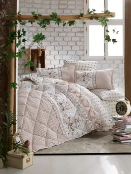 

Multicolored Quilt and Duvet Cover Set 100% Cotton Made Double Romantic Sleep Set COSTA BEIGE