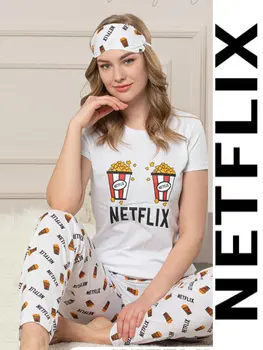 

Pajamas 3 Sets Women Long Sleepwear Tshirt Sleeping Strip NETFLIX Colorfull Generation Suit Home Women Gift