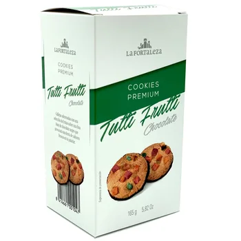

Cookies biscuits Tutti Frutti with our best Chocolate thin coat black & fruit slices. Case 165 gr.