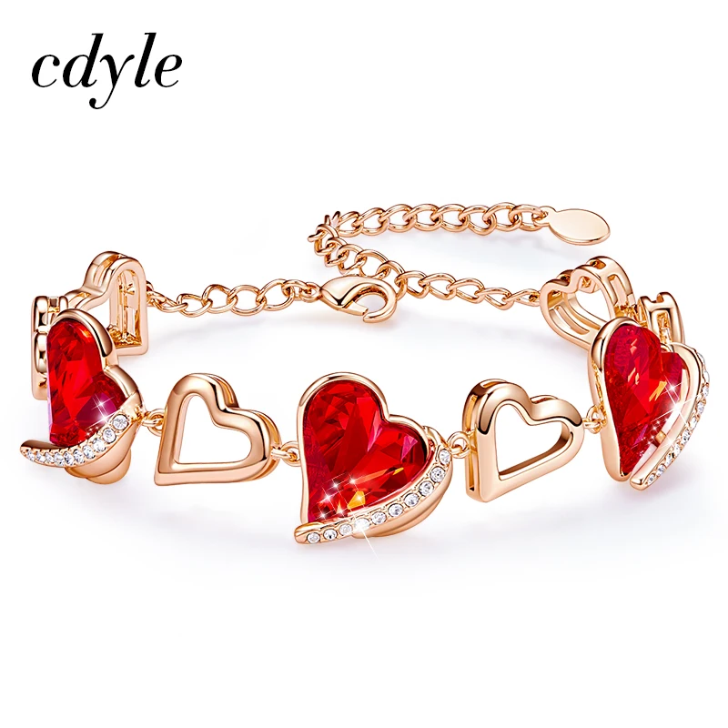 

Cdyle Rose Gold Color Heart Shaped Charm Link Chain Bracelets with Fashion Red Crystal for Women Party Gift Jewelry