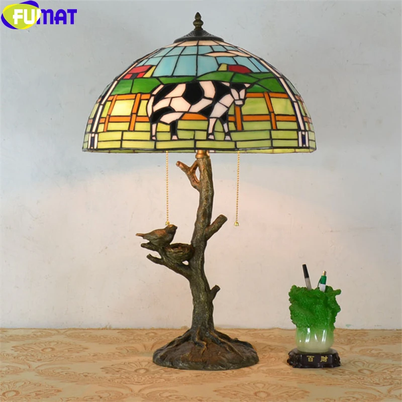 8005 FUMAT Tiffany Stained Glass Deco Table Lamps Bird Nest Tree Sunflower Cow Desk Lights Decorative LED lamps_副本