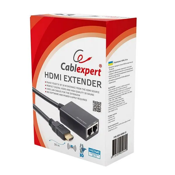 HDMI в LAN RJ45 удлинитель GEMBIRD DEX-HDMI-01 1080p черный