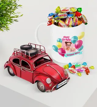 

Personalized Photo Birthday Platter Nostalgic Red Metal Beetle and Mug Haribo Candy Seti-1