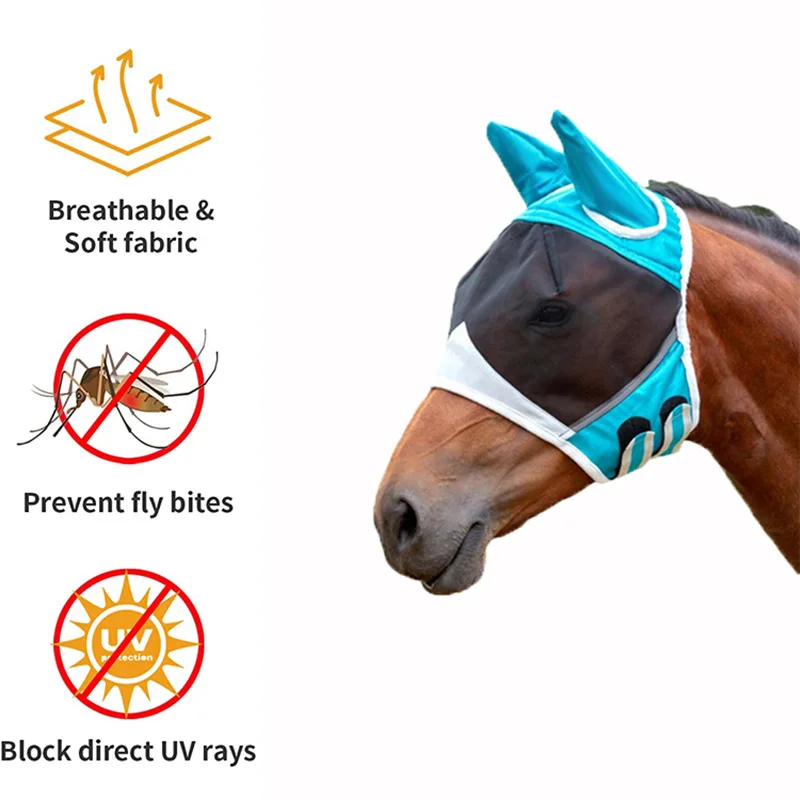 Horse Fly Mask Anti-UV Supplies Ergonomics Pet Summer Eye Shield Anti Mosquito Ear Insects Half Face Mesh Fly Protective Cover