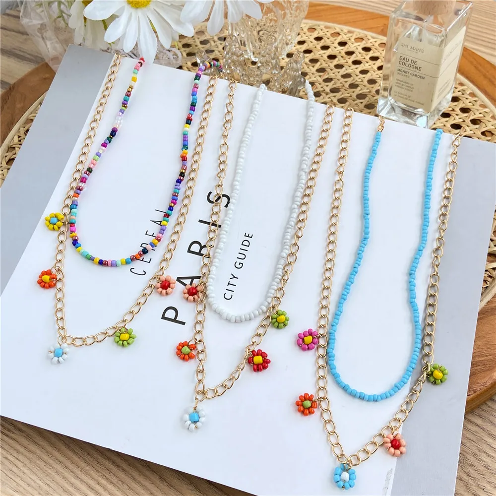 2021 New Lovely Daisy Flower Colorful Beads Pearl Clavicle Choker Necklace for Women Girls Spring Summer Jewelry Wholesale
