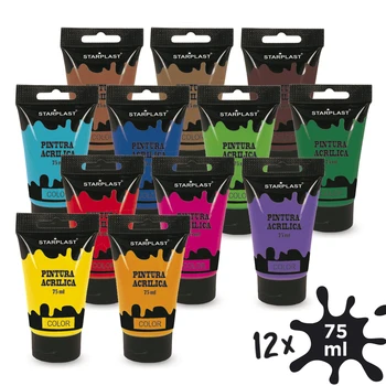 

Starplast Pack 12 Pinturas acrilic in tube, painting Bright, washable, 75 ml, for printed canvas painting, paper, ceramics, Wood 12 Colores