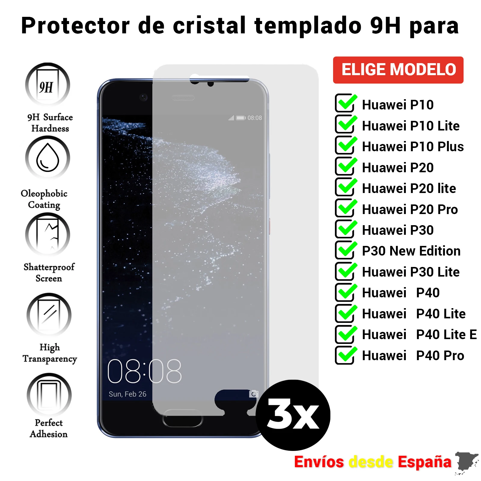 Pellicola Salvaschermo 3X Per Huawei P10 P20 P30 P40 Lite Plus Pro New Edition E. Vetro Temperato Trasparente Mobile