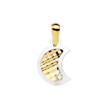 

Gold pendant two-tone 18k women 11mm. Moon center carved edge tip cubic zirconia