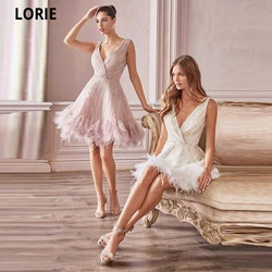 LORIE 2021 V-Neck Bodice With Feather Short Prom Dresses Bustier Above Knee Party Homecoming Dress Summer Wear Zipper Closure