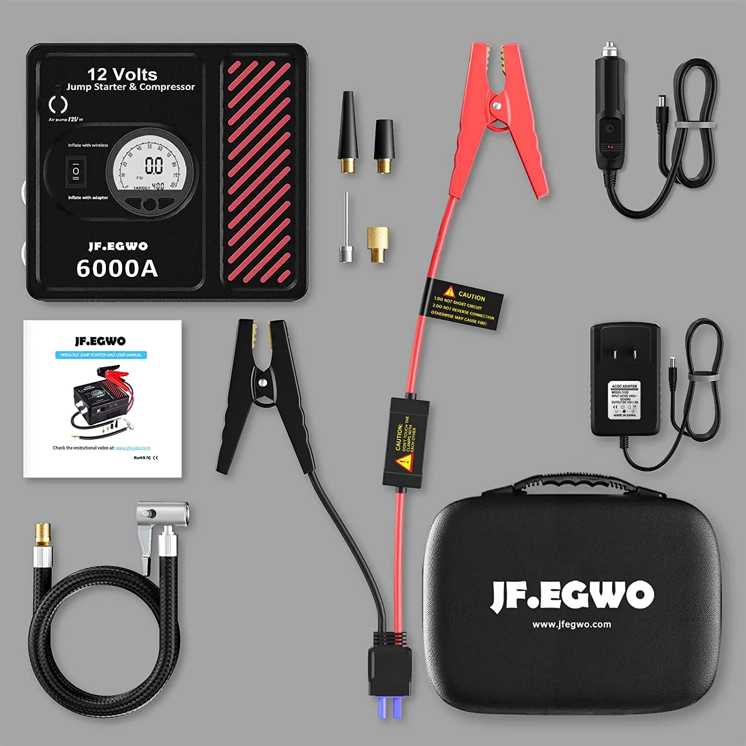 Car Jump Starter Jump Starter Car Battery Charger Portable Battery Charger JF.EGWO 6000A Car Jump Starter Tire Inflator 150PSI Air Compressor Starting Device Battery Power Bank Charger For 12V