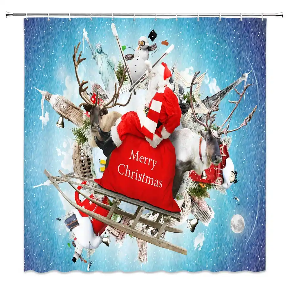 クリスマスシャワーカーテン装飾サンタクロースエルクそり雪だるま有名なランドマークブルーシャワーカーテンポリエステル Aliexpress