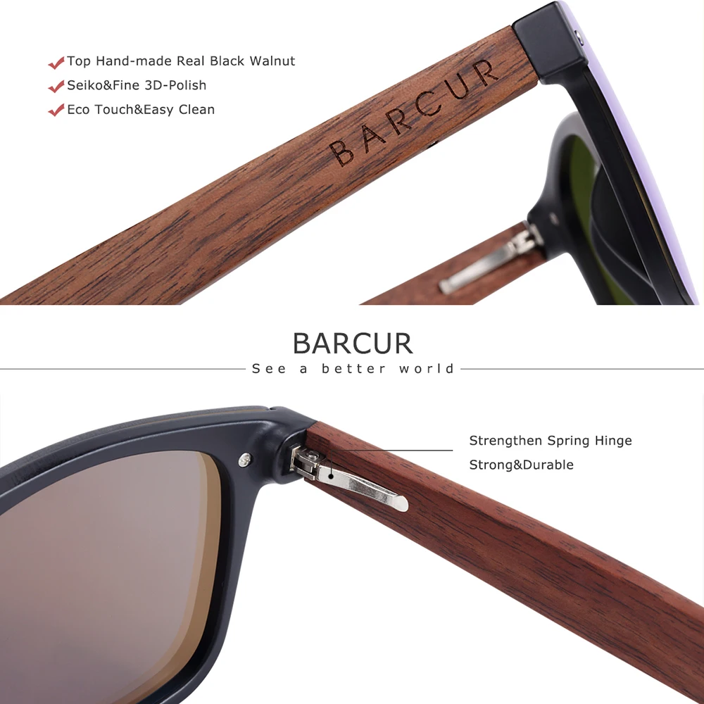 BARCUR Wood Sunglasses Spring Hinge Handmade Bamboo Sunglasses Men Wooden  Sun glasses Women Polarized Oculos de sol masculino - AliExpress