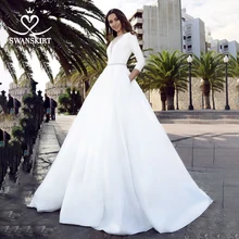 Атласное свадебное платье с длинным рукавом, юбка-лебедка, пояс со стразами, а-силуэт, с карманом, свадебное платье принцессы, Vestido de novia TZ27