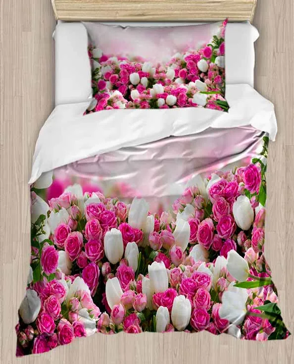 Roze Witte Tulpen Bloemen Bloemen 4 Stuk 3D Print Katoen Satijn Dekbedovertrek Beddengoed Set Kussensloop laken _ - AliExpress Mobile