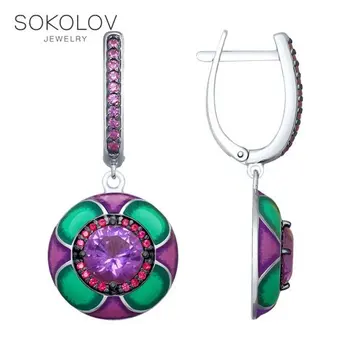 

SOKOLOV drop earrings with stones in silver with enamel and lilac glass-ceramic and cubic zirconia fashion jewelry 925 women's male, long earrings