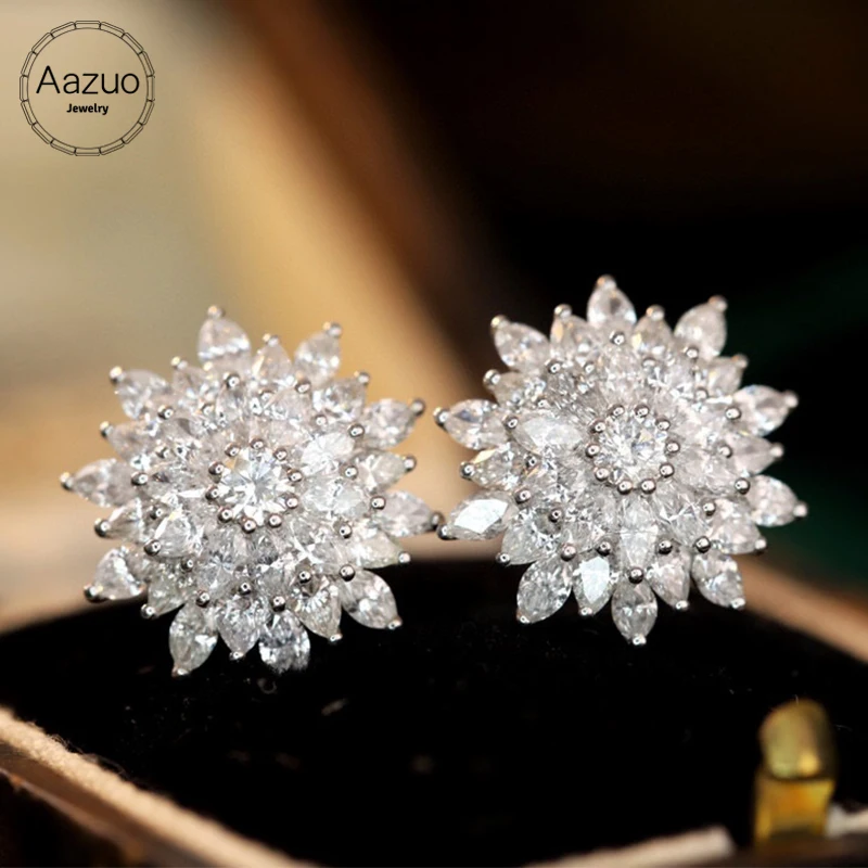 Aazuo 18K Orignal White Gold Real Natrual Diamonds 2.1ct Fairy Fashion Sun Flower Stud Earring gifted For Women Wedding  Party