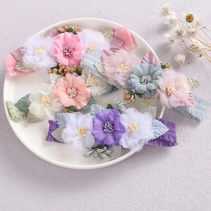 16cm Artificial Floral Headband Elastic Hair Band for Baby Girls Infant Toddler Lace Flower Scrunchies Headwear Hair Accessories artificial flower baby headband hundred day newborn infant toddler for baby shower little girls photograph props dropshipping