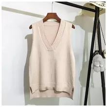 Chaleco tejido cuello pico para mujer, suéter coreano salvaje suelto, sin mangas, novedad de otoño e invierno