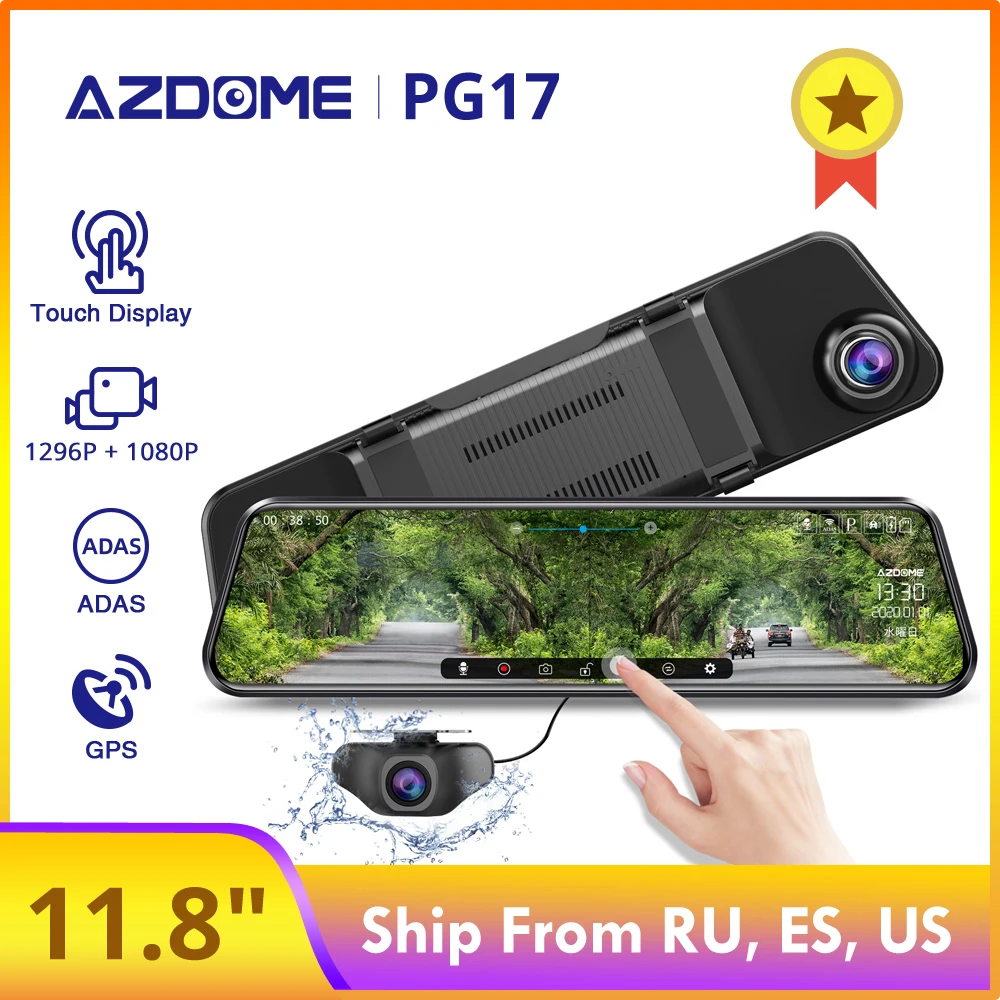 

AZDOME Car DVR PG17 12" Mirror Dash Cam Streaming Media Full-Screen Touching ADAS Dual Lens Night Vision 1080P Front 720P Backup