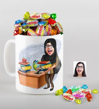 

Personalized Women 'S Teacher Caricature Of mug And Haribo Fruitbons Candy Gift Seti-8