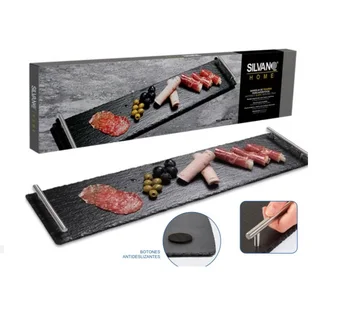 

Silvano slate plate BSP-RL-19 for snacks with stainless steel handles. Great presence in buffet and dining room