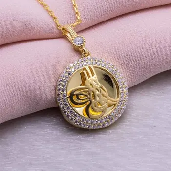 

925 Sterling Silver Gold Plated Tuğralı Round Necklace Model 8