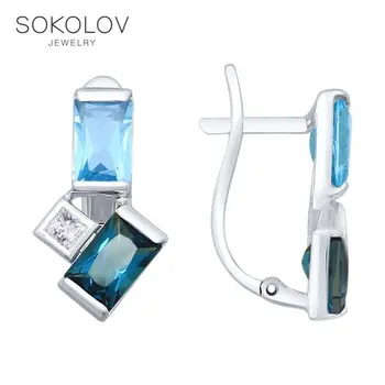 

Drop Earrings with stones SOKOLOV white gold with blue and blue topaz and Swarovski Crystals Zirconia, fashion jewelry, 585, women's male, long earrings