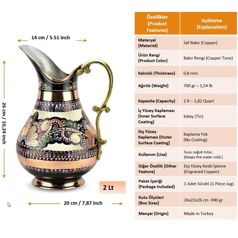 5-Copper Pitcher Turkish Water Pitcher Large Water Jug Juice Jug Pure Copper Pitcher Carafe 2 Lt (70 fl) Handhamade MADE IN TURKEY