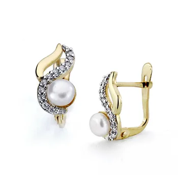 

Gold earrings two-tone 18k cultured pearl button zircons [7484]