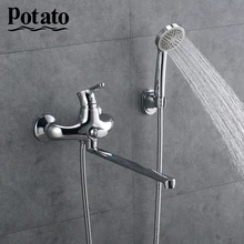 Potato Холодная и горячая вода выпускная труба хромированная Ванна смеситель для душа латунные краны для ванной комнаты с ABS насадкой для душа p2211