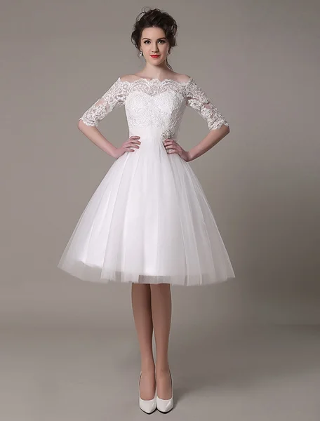 Kant Trouwjurken 2020 Korte Off De Schouder Een Lijn Knielengte Taille Rhinestone Bridal Dress Kant Trouwjurken 2020 Korte Off De Schouder Een Lijn Knielengte Taille Rhinestone Bridal Dress