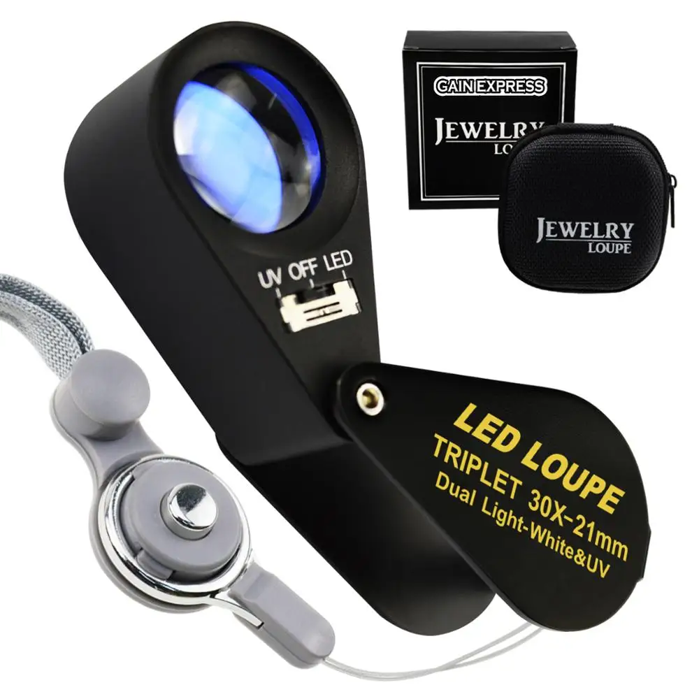 Gem Loupe Magnifiers 30x Magnification Jewelry with UV & 6 LED Light