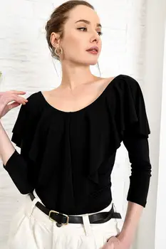 

Trend Alacati Style Women Black Front Back V Collar Flounces Bluz ALC-X3905