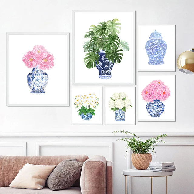 White Orchid & Magnolia Watercolor Chinoiserie Decor Canvas Print Oriental Vase Blue White Willow Style Porcelain Flower Jar