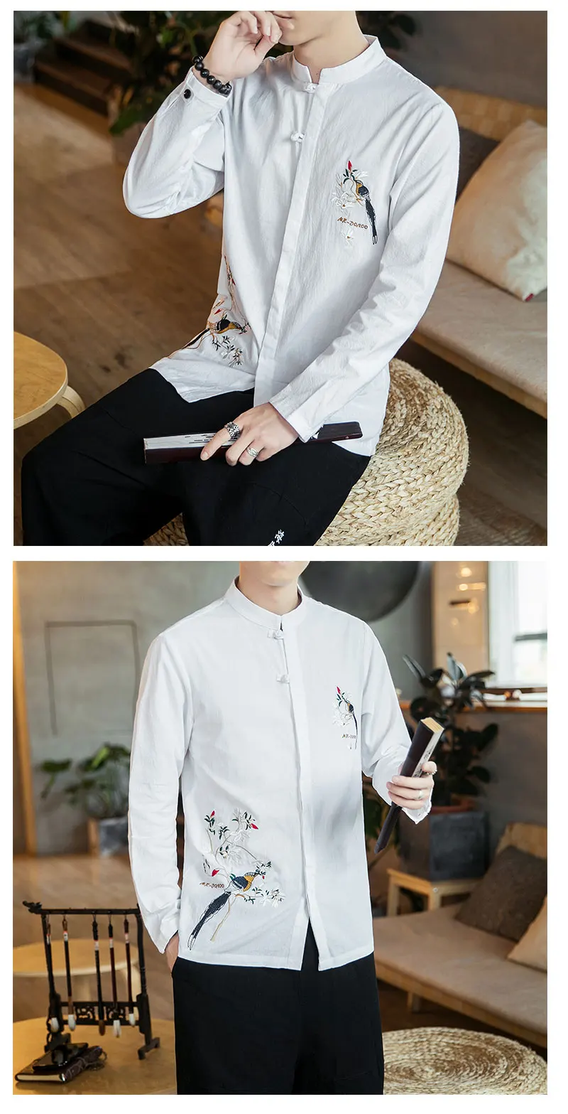 Китайский стиль льняные рубашки для мужчин плюс размер 5XL Повседневная Вышивка узор мягкие Топы Рубашки мужские Camisa masculina B375-C42