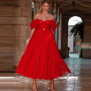 

Verngo Berta Red Evening Party Dresses Off the Shoulder Short Sleeves A Line Ankle Length Prom Gowns 2021 Celebrity Party Dress