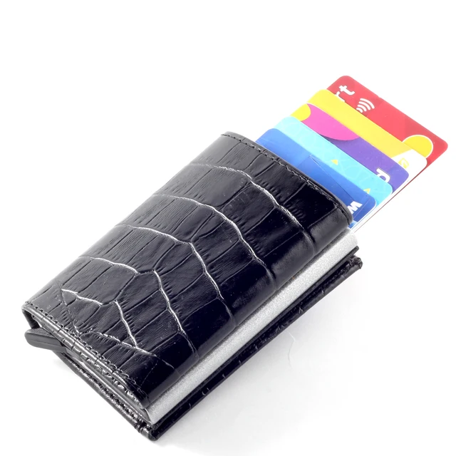 Smart Wallet Business Card Holder Real Cow Leather Handmade Smart Automatic Card Holder Men Gift Croco Black