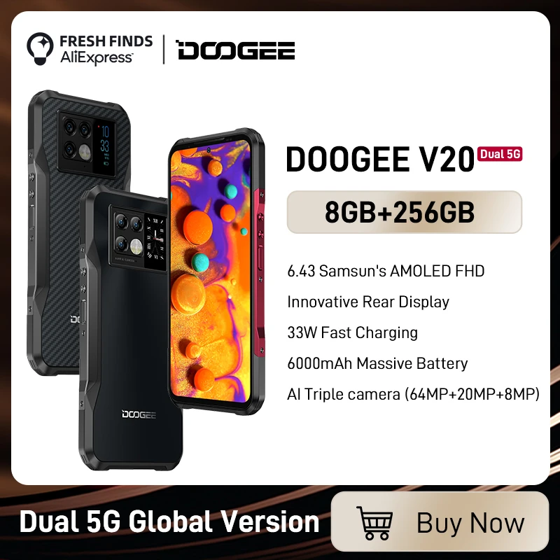 [World Premiere] DOOGEE V20 5G 6.43"FHD AMOLED Display Innovative Rear Display Rugged Phone 8+256GB 64MP Camera 6000mAh Phone 5g and cell phones