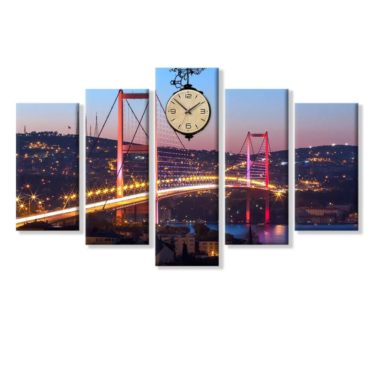 

5 PCS With Clock Turkey Istanbul Bridge Landscape Painting Canvas Table 112X70 CM