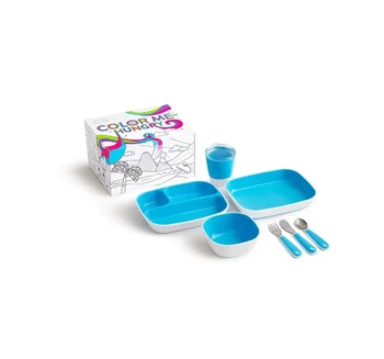 

Munchkin set of dishes 7 items blue.