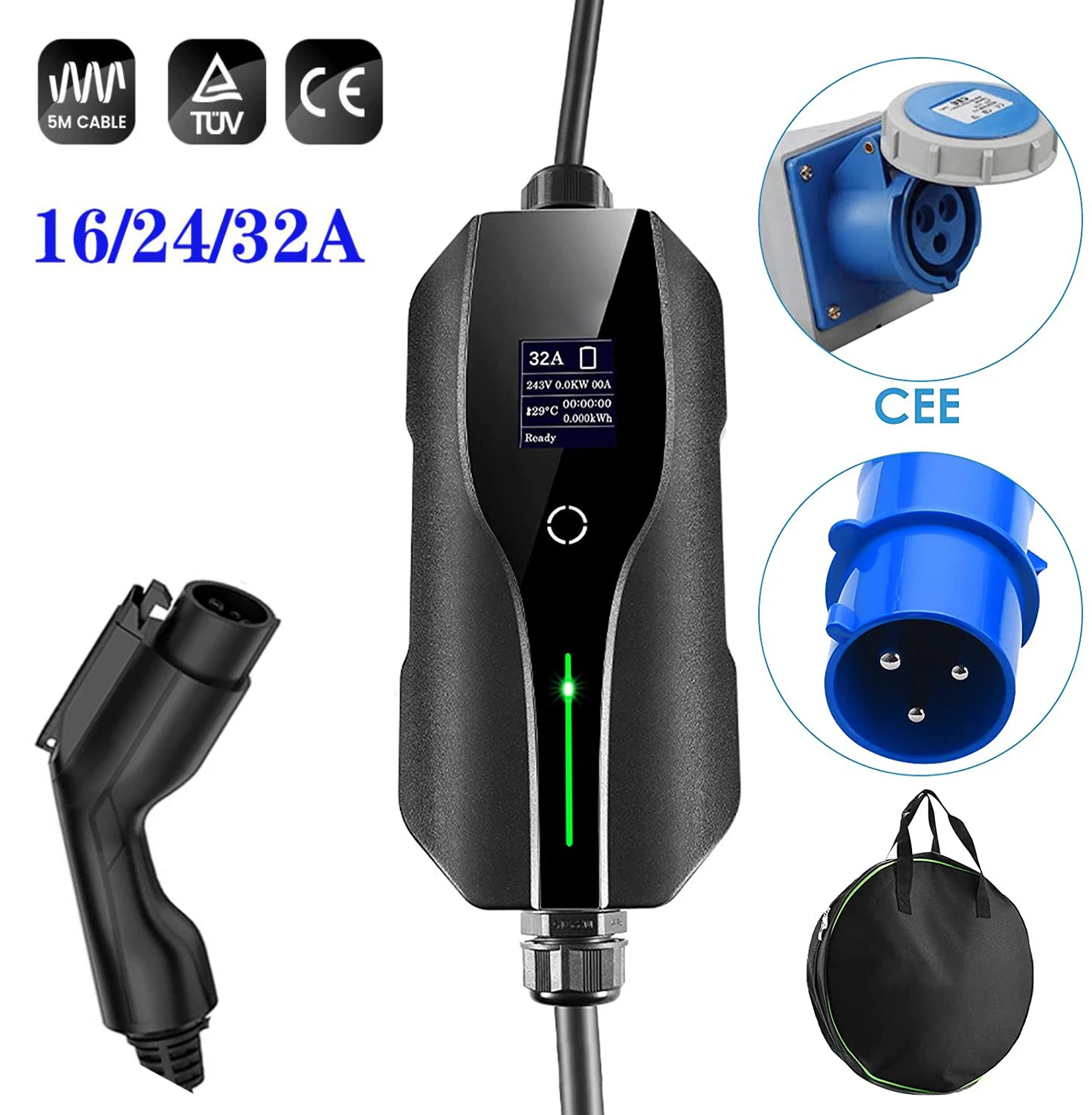 Level 2 Ev Charger Portable Electric Car Charging Box 16a 24a 32a