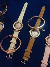 Conjunto de relojes de pulsera con cielo estrellado para mujer, pulsera de cuarzo de cuero informal, 2020