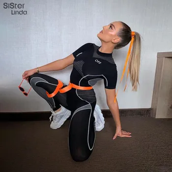 

Sisterlinda Hight Quality Skinny Jumpsuit Women Letter Print Fitness Rompers Female Jumpsuits Long Sleeve Stripe Bodysuit Mujer