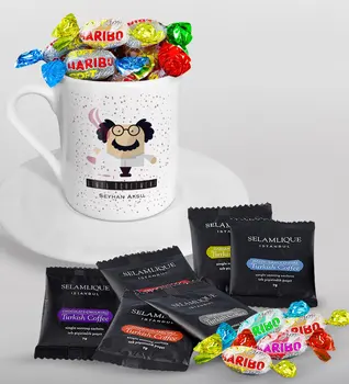 

Personalized Chemistry Teacher Turkish coffee Cup Selamlique Mixed Turkish Coffee House and Haribo Candy Gift Seti-3
