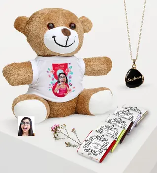 

Personalized Caricature Of Plush Teddy Bear Enamel necklace And Chocolate Gift set-5
