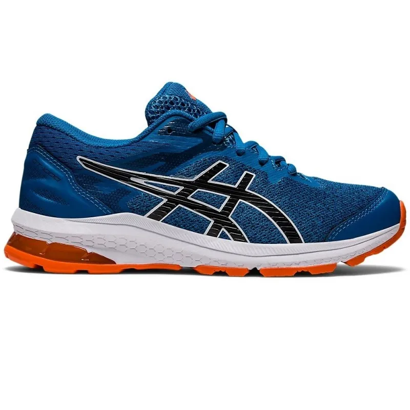 ZAPATILLAS DE DEPORTE ASICS, GT1000, 1014A189-402, RUNNING, CORRER, JUNIOR, COLOR AZUL CON BANDAS EN NEGRO Y SUELA NARANJA