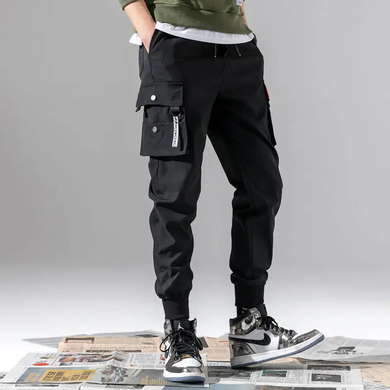 Calça de moletom masculina camuflada, calças elásticas de carga com cordão, calças de vários bolsos, nova, 2023