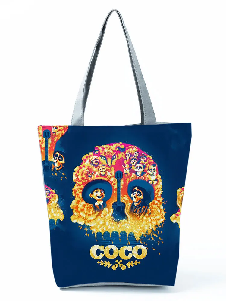 Disney Coco Handbags Skull Floral Tote Lady Casual Shoulder Bag Cartoon Eco Reusable Shopping Bag High Capacity Travel Beach Bag